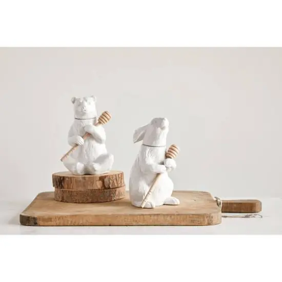 Hello Honey&reg; 7" White Bear Shaped Honey Pot & Bamboo Dipper {3}