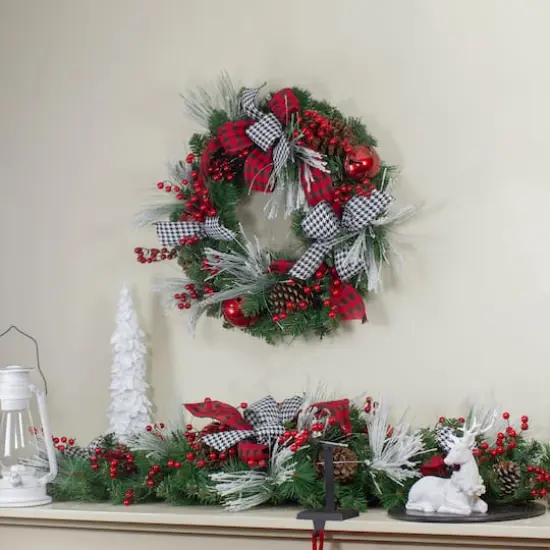 24" Plaid, Houndstooth & Red Berries Artificial Christmas Wreath {3}