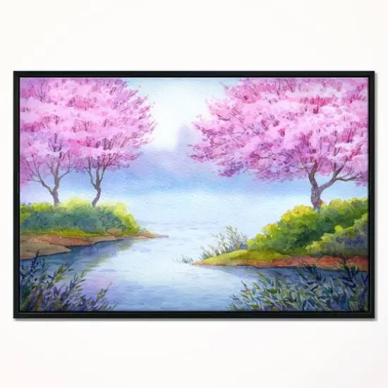 Designart - Flowering Trees Over Lake - Landscape Art Print Canvas in Black Frame {3}
