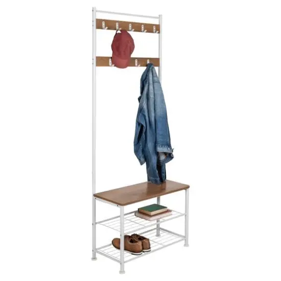 Honey Can Do White & Walnut Entryway Hall Tree with Bench & Shoe Storage {4}