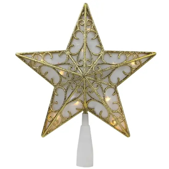 9" Gold & White Glittered Star LED Christmas Tree Topper, Warm White Lights {1}