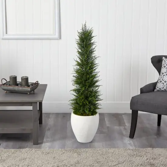 4ft. Cypress UV Resistant Artificial Tree in White Planter {4}