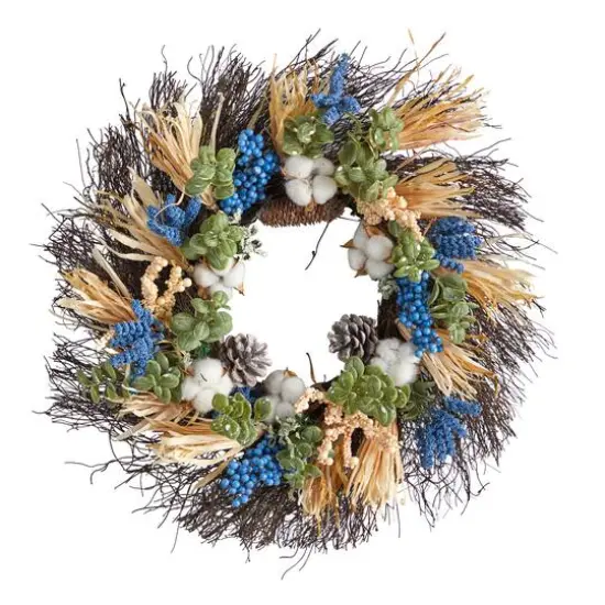 22" Cotton, Eucalyptus, Berries & Pinecones Artificial Fall Wreath {1}