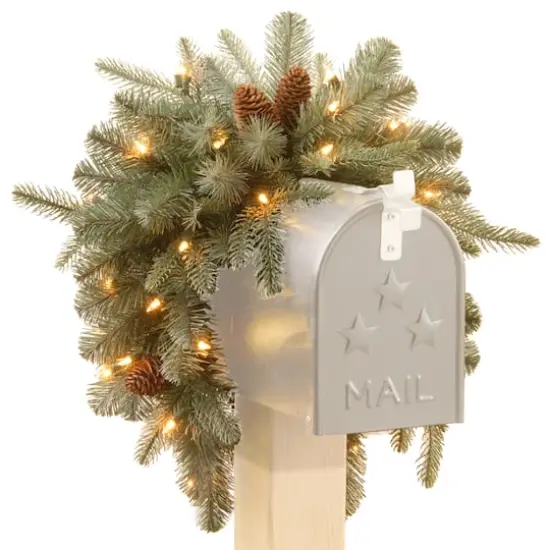 3ft. Feel Real&reg; Frosted Arctic Spruce with Pinecone Mailbox Swag, Warm White LED Lights {1}