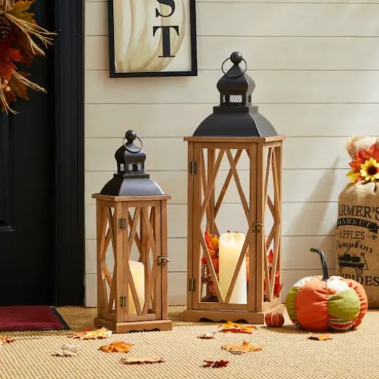 Glitzhome&reg; Farmhouse Antique Diamond Wood & Metal Lanterns Set {6}