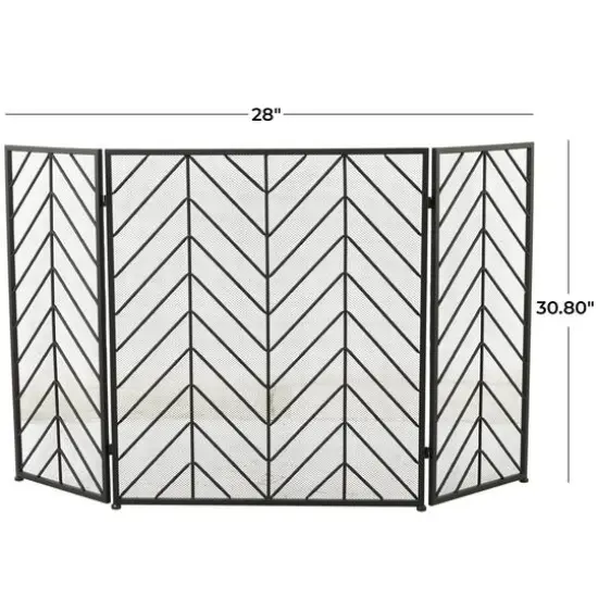Black Metal Foldable Mesh Netting 3 Panel Geometric Fireplace Screen with Chevron Pattern 52" x 1" x 31" {6}