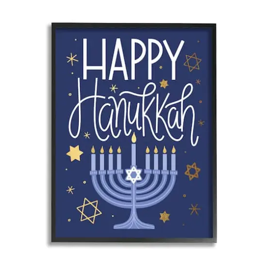 Stupell Industries Happy Hanukkah Blue Menorah Pattern Framed Giclee Art Black {1}