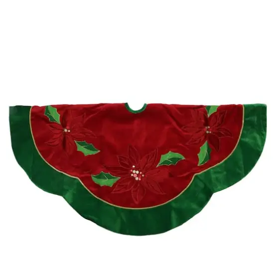 48" Red Sequined Poinsettia & Velveteen Trim Tree Skirt {6}