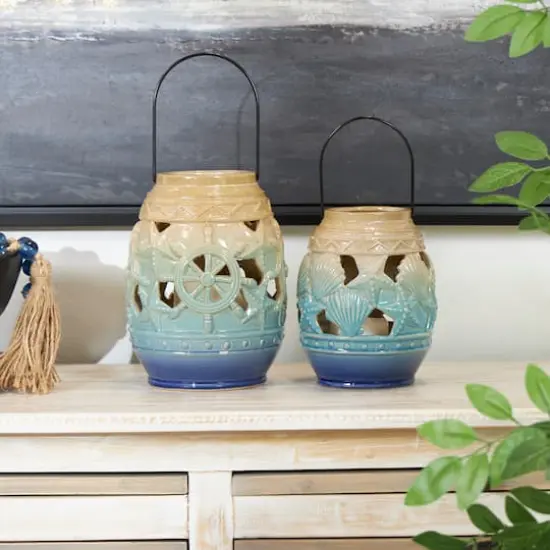 Blue Ceramic Ombre Nautical Cutout Candle Lantern Set {3}