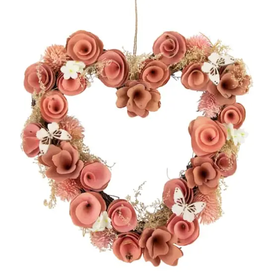 10" Pink Wooden Rose Heart Spring Wreath with Butterflies {1}