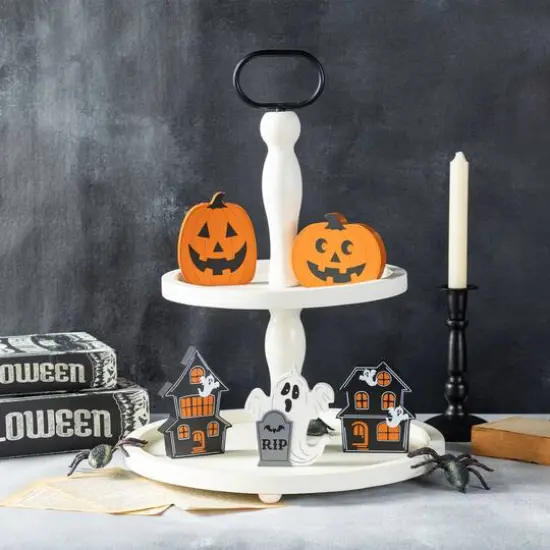 Glitzhome&reg; Halloween Wooden Haunted House, Pumpkin & Ghost Table Block Set {4}