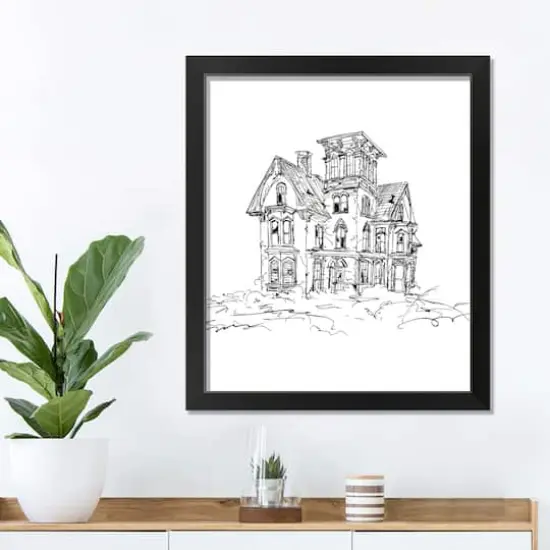 Haunted House Sketch Halloween Print in Black Frame {4}