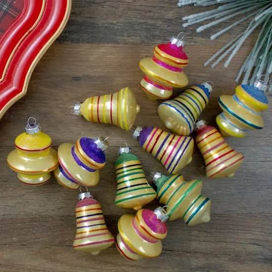 12ct. 2.75" Purple & Yellow 2-Finish Striped Glass Finial & Bell Ornaments {3}