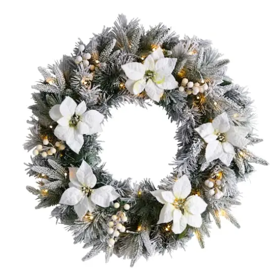 24" White LED Lights Flocked Poinsettia & Pine Artificial Christmas Wreath {1}