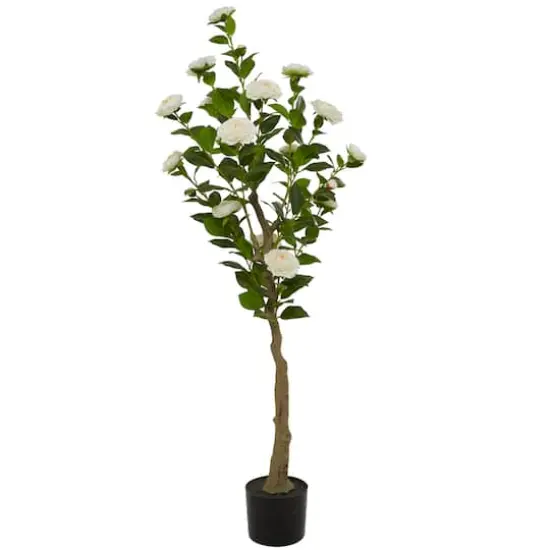 4.5ft. Green Faux Camellia Foliage Artificial Tree with Black Plastic Pot {1}