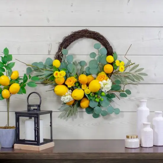 18" Yellow Lemons & Flowers Artificial Floral Spring Wreath {3}