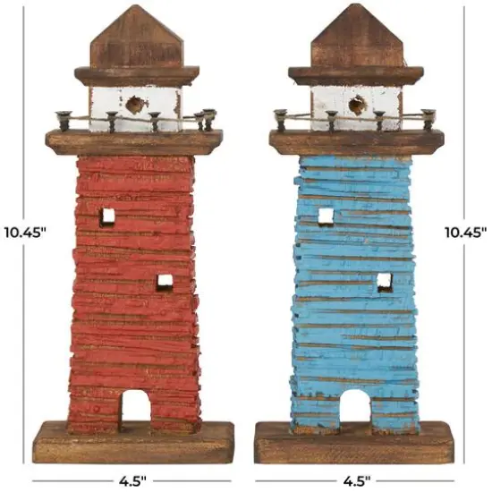 10" Red & Blue Wood Light Housee Sculpture Set {11}