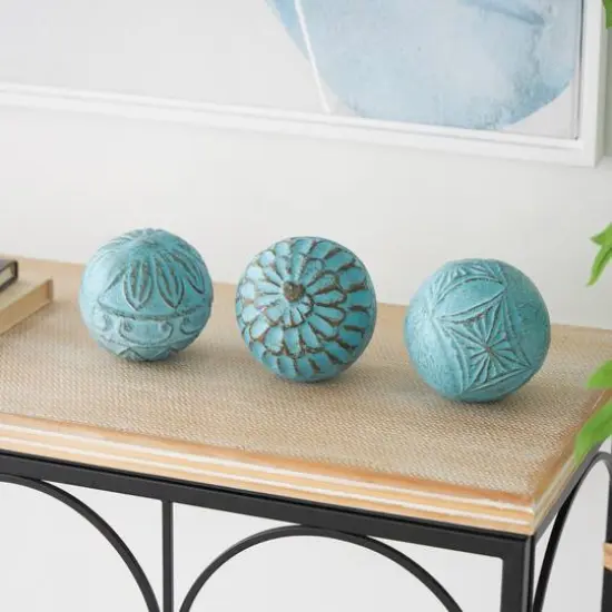 4" Blue Paper Mache Carved Decorative Ball Orbs Set {3}