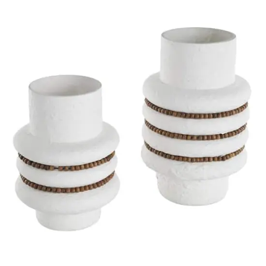 White Glass Textured Decorative Vase with Brown Wood Beaded Stripes Set {3}