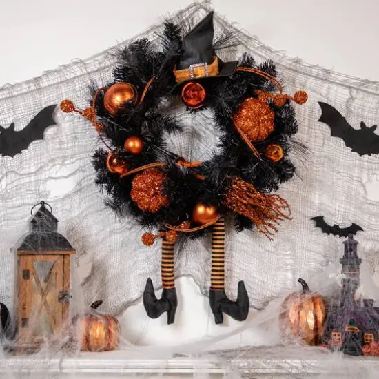 24'' Unlit Orange and Black Witch and Pumpkins Halloween Wreath {3}