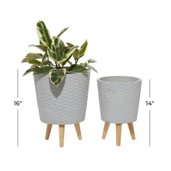 Set of 2 Grey Polystone Contemporary Planter, 14", 16" {5}