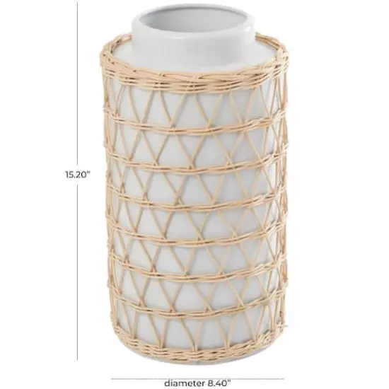15" White & Woven Rattan Ceramic Handmade Vase {5}