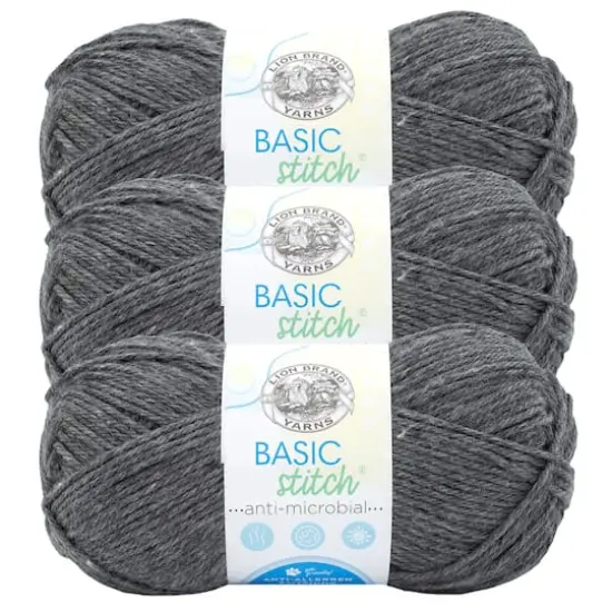 3 Pack Lion Brand&reg; Basic Stitch Antimicrobial Yarn Charcoal {1}