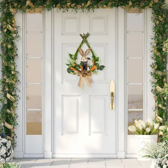 22" Green & Orange Farmer Bunny Moss Vines Teardrop Easter Wreath {4}