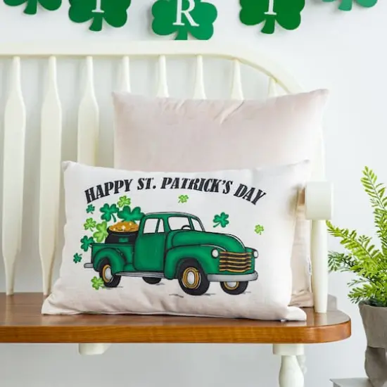 Glitzhome&reg; 18" Faux Burlap Happy St. Patrick's Day Truck Pillow {4}