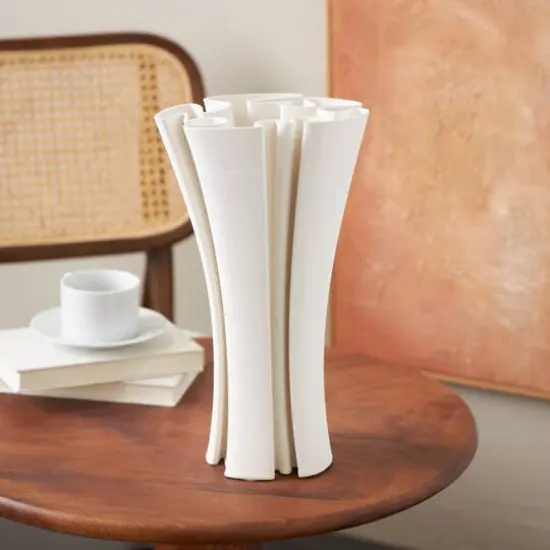White Ceramic Abstract Ribbed Dimensional Folded Vase with Curvy Rim {9}