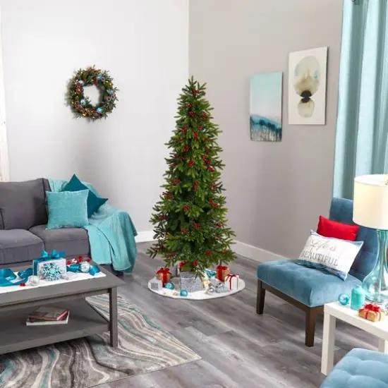 6ft. Pre-Lit Berries Victoria Fir Artificial Christmas Tree with Color Changing LED Lights {9}