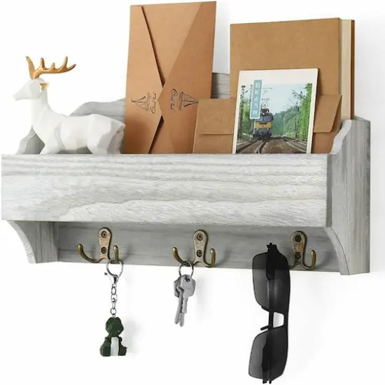 Rustic White Wooden Mail 1-Piece Floating Wall Shelf With 6 Key Hooks {1}