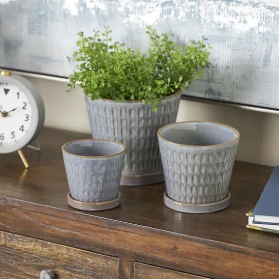 Blue Geometric Oval Patterned Ceramic Planter Set {3}