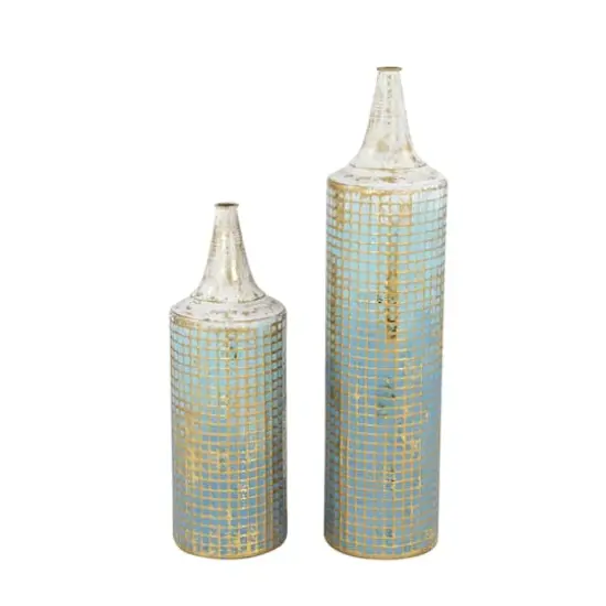 Set of 2 Turquoise Metal Rustic Vase, 25", 18" {1}