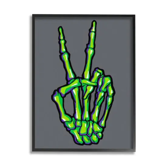 Stupell Industries Green Skeleton Peace Hand Framed Giclee Art Black {1}