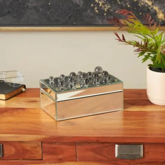 8.25" x 5" x 4.5" Silver Glass Mirrored Decorative Jewelry Box with Black Bubble Textured Balls {3}