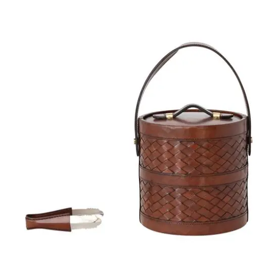Hello Honey 2.5 Quart Reclaimed Wood, Woven Leather and Removable Stainless Steel Ice Bucket with Handle and Tongs, Cognac Color {1}