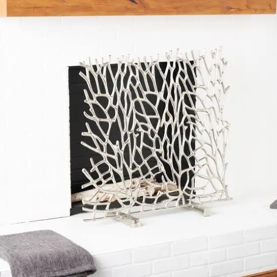 Coral Inspired Single Panel Aluminum Fireplace Screen Silver {7}