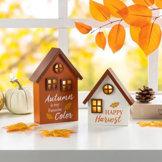 Glitzhome&reg; Lighted Fall Wooden House-shaped Table Decor Set {3}