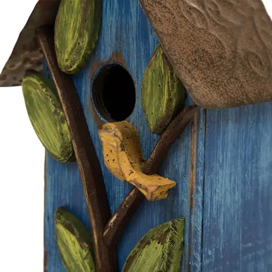 Glitzhome&reg; Distressed Wooden Birdhouse with Leaves {4}