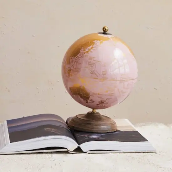 Hello Honey&reg; 10.75" Pink & Gold Metal & Plastic Globe on Natural Mango Wood Stand {5}