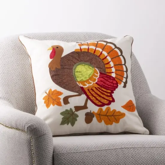 Glitzhome&reg; Cotton Embroidered Turkey Pillow Cover {3}