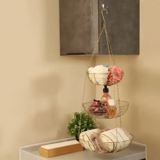 12" Gold & Copper 3-Tier Hanging Metal Basket {3}