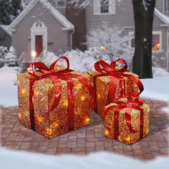 Holiday Gold & Red Sisal Gift Box Set Clear Lights {3}