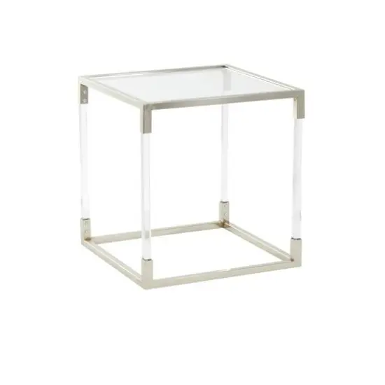 20.25" Silver Metal Floral Cube Shaped Accent Table with Clear Glass Top {9}