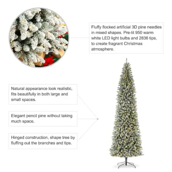 11ft. Pre-Lit Flocked Fir Pencil Artificial Christmas Tree, Warm White LED Lights {8}