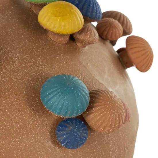 13" Brown Ceramic Round Wide Decorative Vase with Multicolor Mushroom Accents {6}