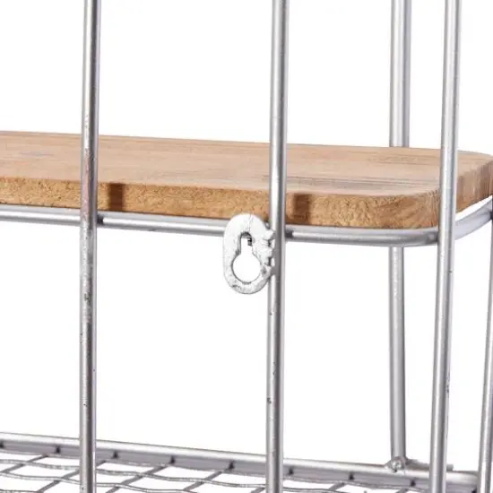 Set of 2 Silver Metal Basket & Wooden Wall Shelf Units With Hooks {7}
