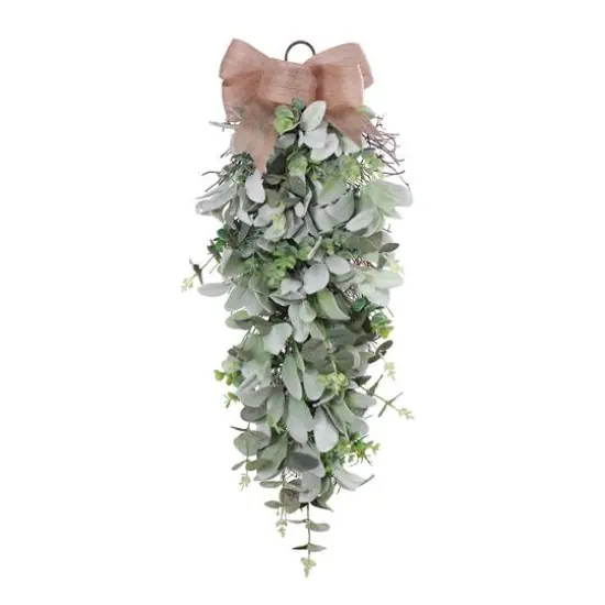 30" Lamb's Ear & Greenery Teardrop Swag with Bow {1}