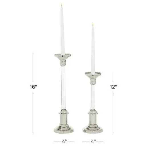 Set of 2 Silver Aluminum Glam Candle Holder, 12", 16" {7}
